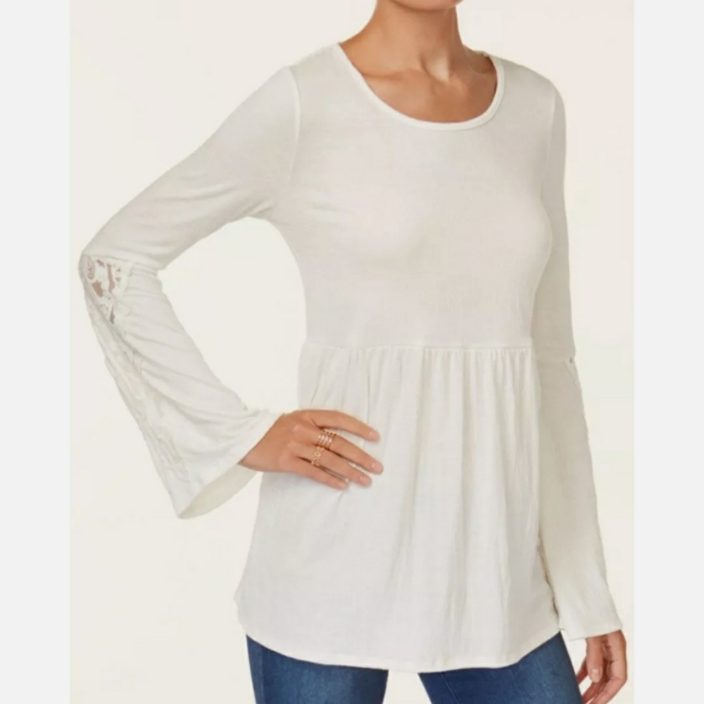 Style & Co Top White Babydoll Lace Bell Sleeve New